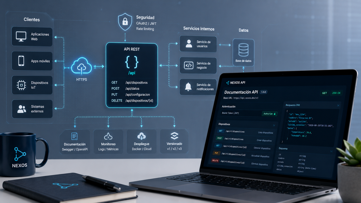 Arquitectura de API REST con autenticación, servicios internos y documentación