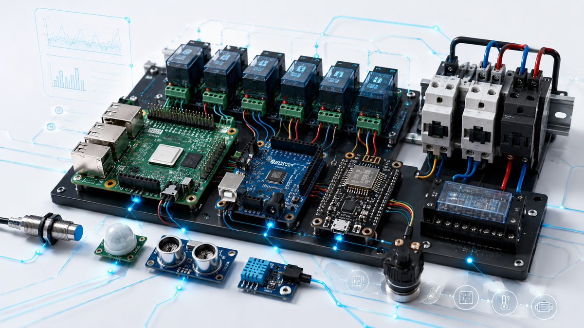 Placa de control con Raspberry Pi, relés y sensores conectados